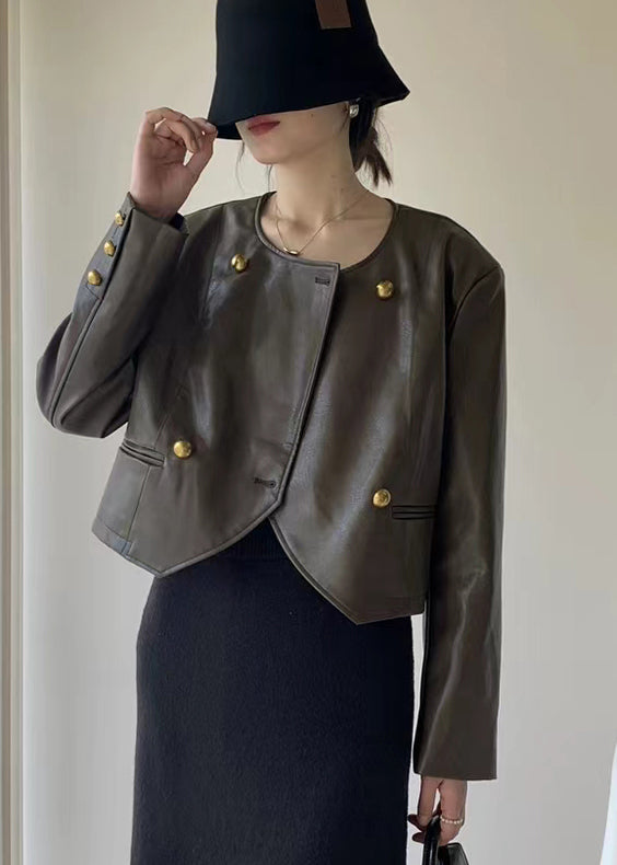 VCSHOES Brown O Neck Button Patchwork Faux Leather Jacket Fall