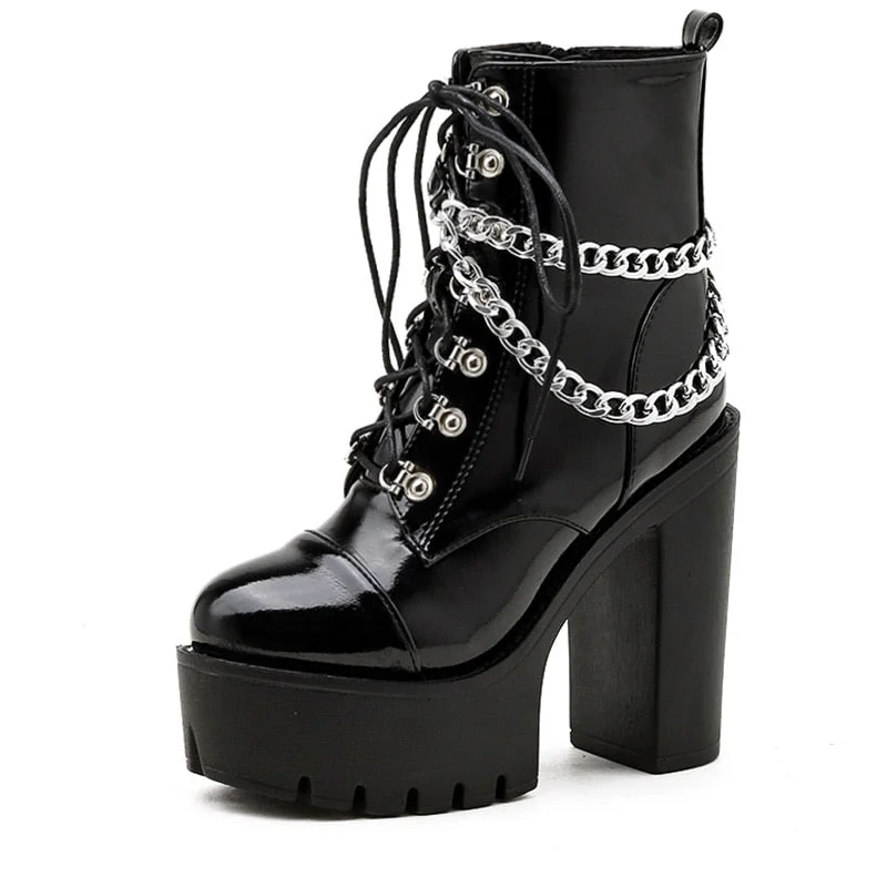 Gdgydh Black Gothic Women Shoes Autumn Ladies Ankle Boots High Heels Sexy Chain Punk Style Patent Leather Boots For Party Zipper