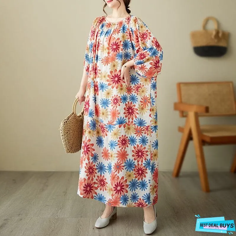 Women Casual Summer Retro Floral Print Dress Half Sleeve