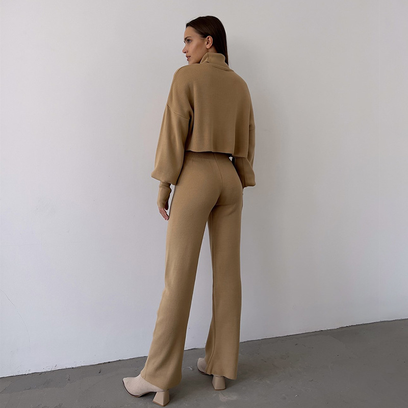 Ootddress Turtleneck Two Piece Outfits For Women Lantern Sleeve Cropped Top And Straight Leg Pants Sets Tracksuit Casual Outfits