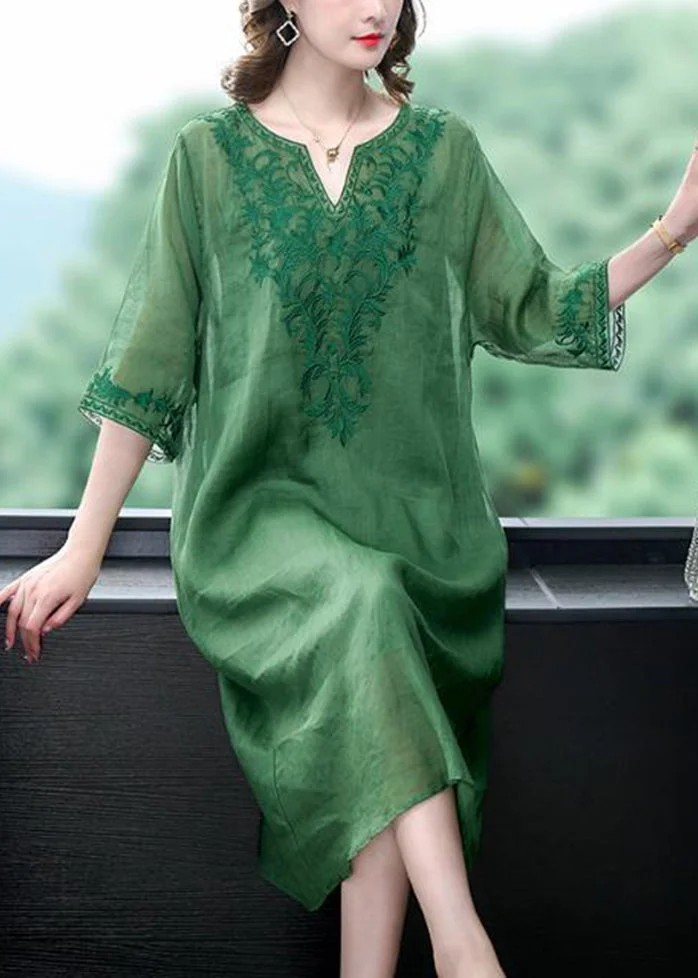 Loose Green Embroideried Linen Silk Dresses Half Sleeve