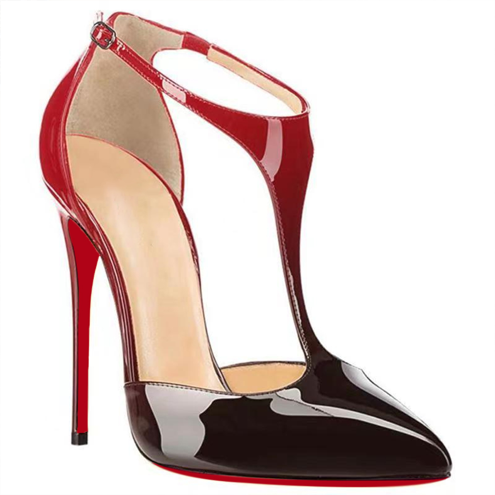 120mm Womens T-Strap Pumps High Heels Red Black Patent Pumps-vocosishoes