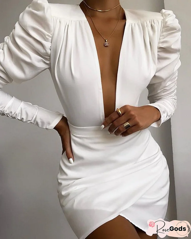 Solid Puff Sleeve Ruched Bodycon Dress White Dresses