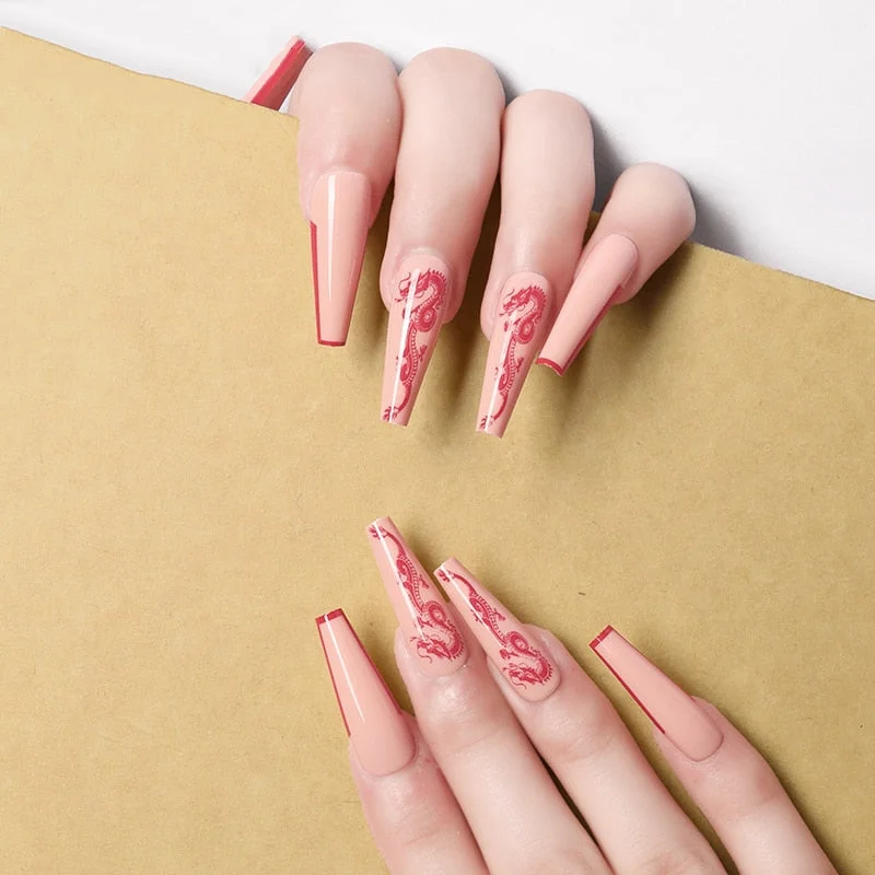 24pcs/box fake nails with glue designed colourful Gold thread rainbow paragraph press on nails coffin girls nail tips stick-on-Nail Inspo