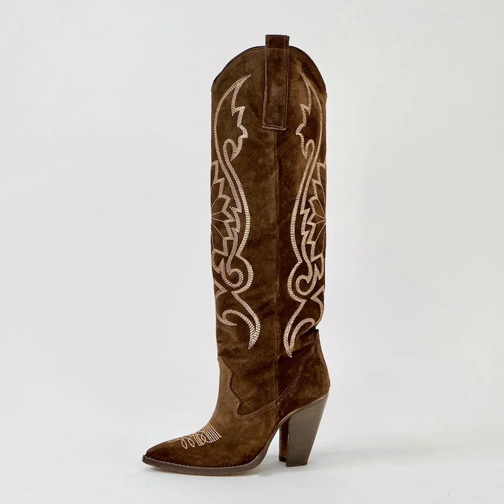 Vegan Suede Pointed Toe Embroidered Knee-High Brown Cowboy Boots