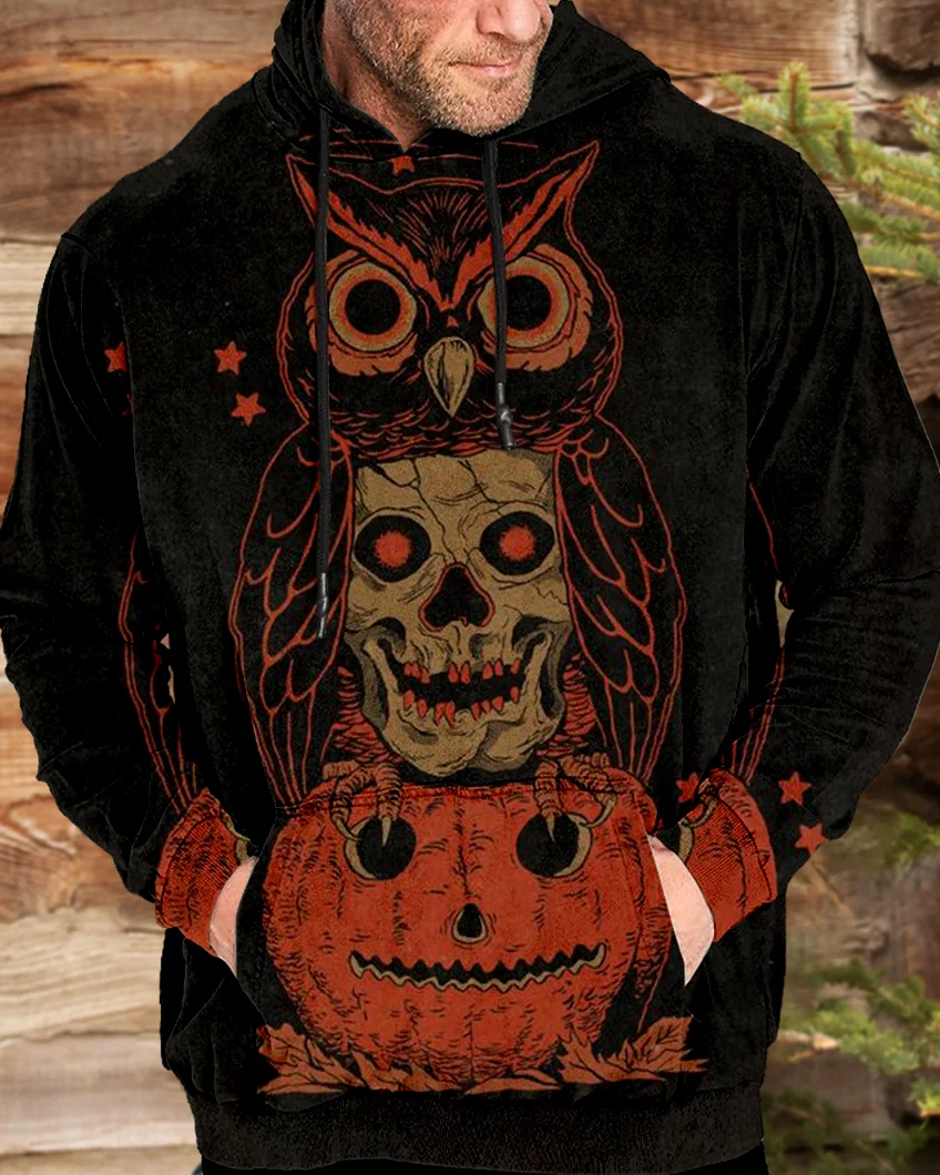 Suitmens Men's Halloween Owl Skull Pumpkin Hoodie 00444