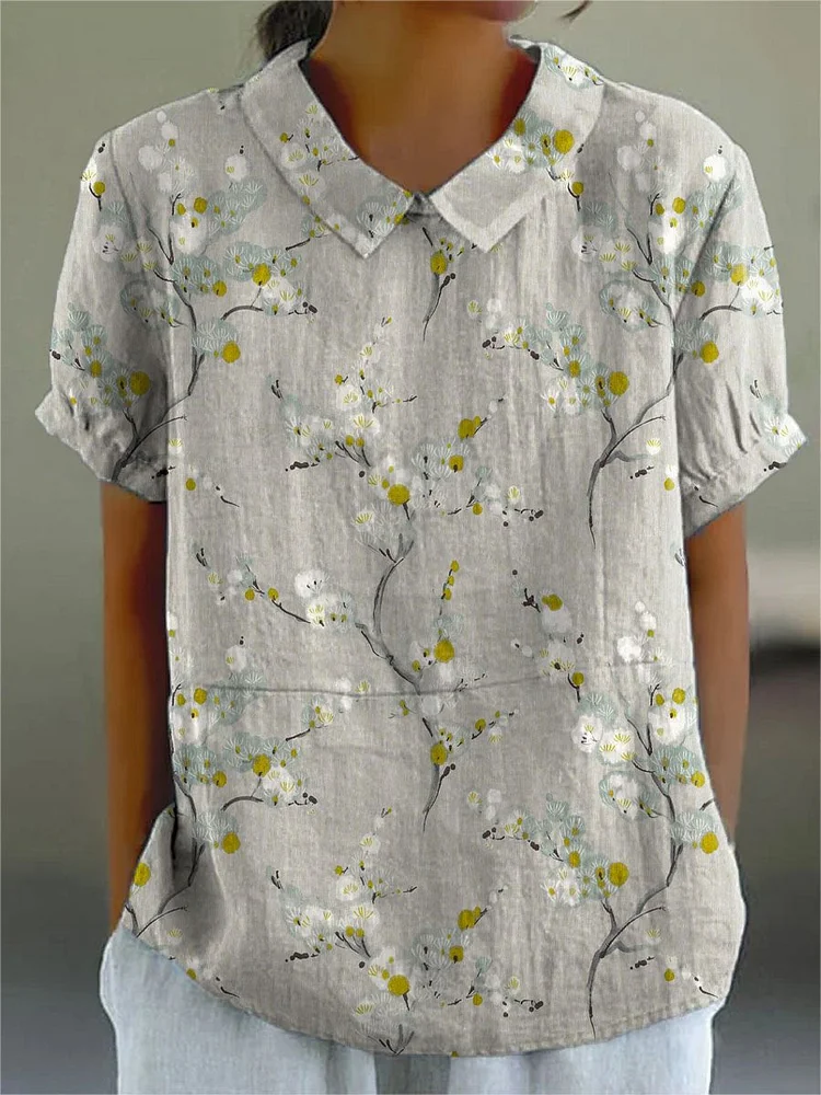 Women's Vintage Floral Art Print Casual Cotton And Linen Shirt