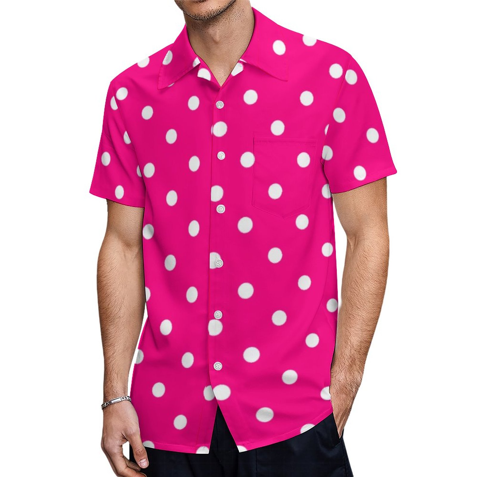 Retro White Polka Dots On A Hot Pink Background Hawaiian Shirt Mens Button Down Tropical Hawaii Beach Shirts