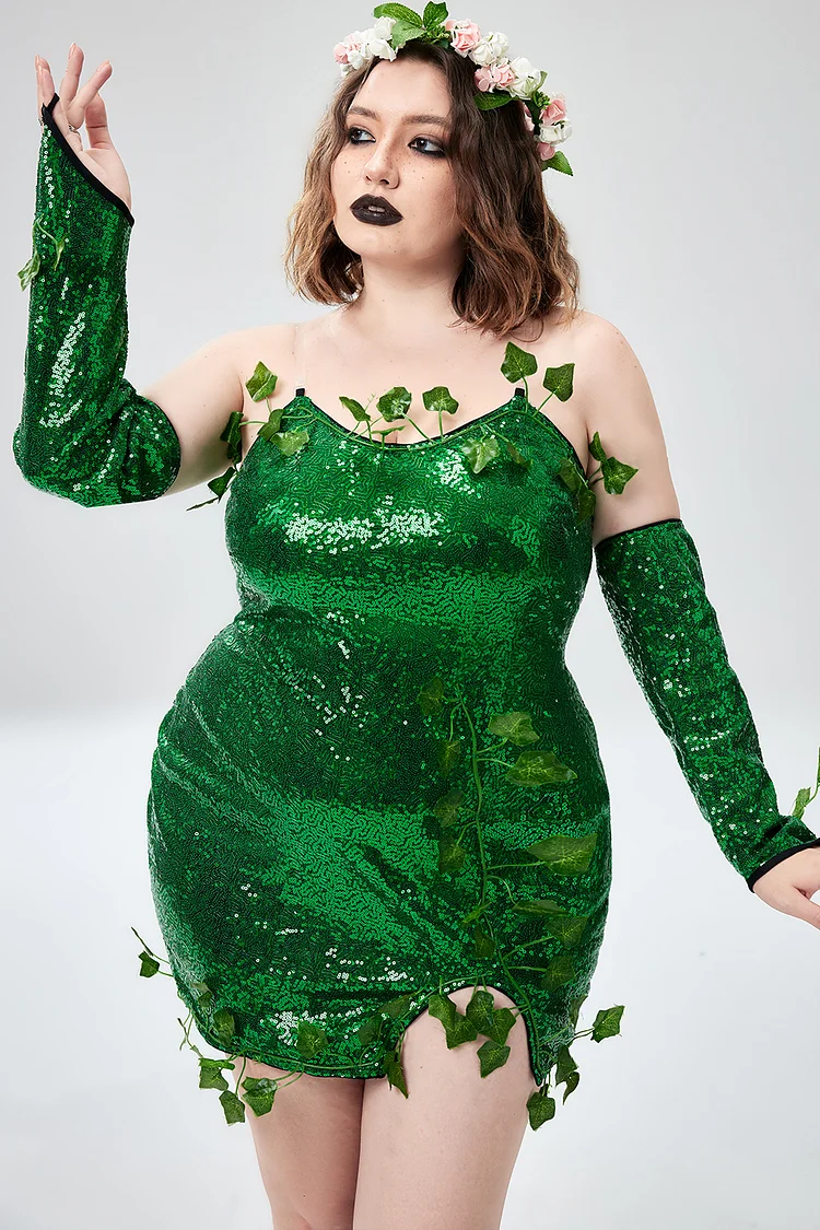 Xpluswear Design Plus Size Halloween Costumes Green Cosplay Sequin Strapless Mini Dress（Ships 24h）