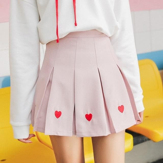 Kawaii Heart-shaped Embroidery Pleated Skirt SP14867