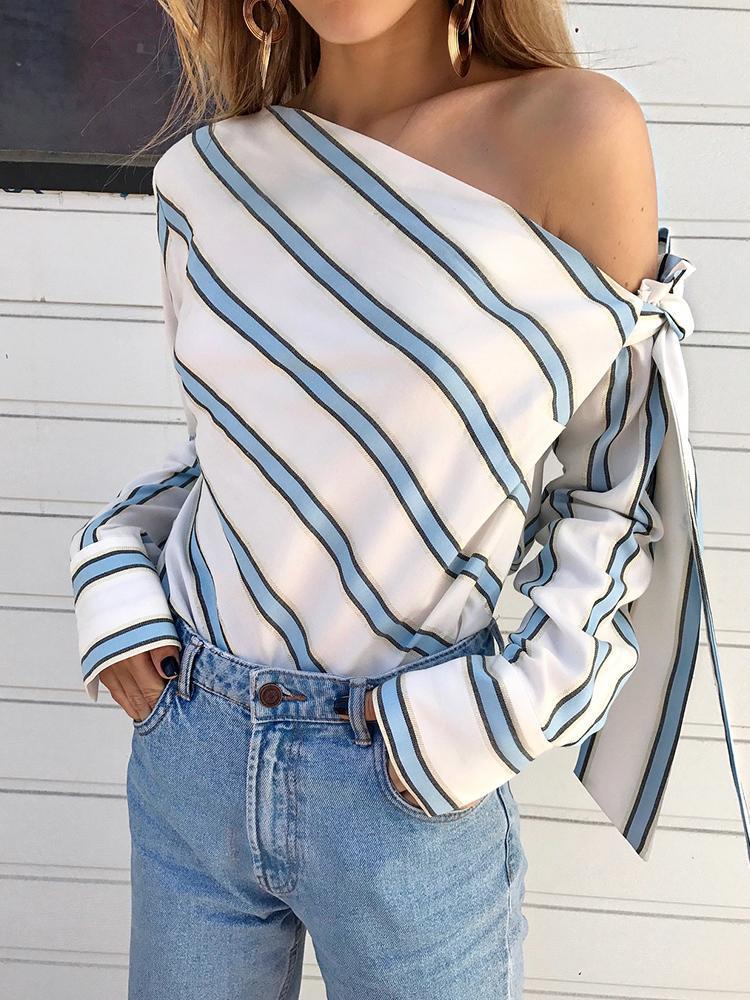 Women's Tops Simple Fashion Slanted Shoulder Lace-Up Striped Blouses & Shirts