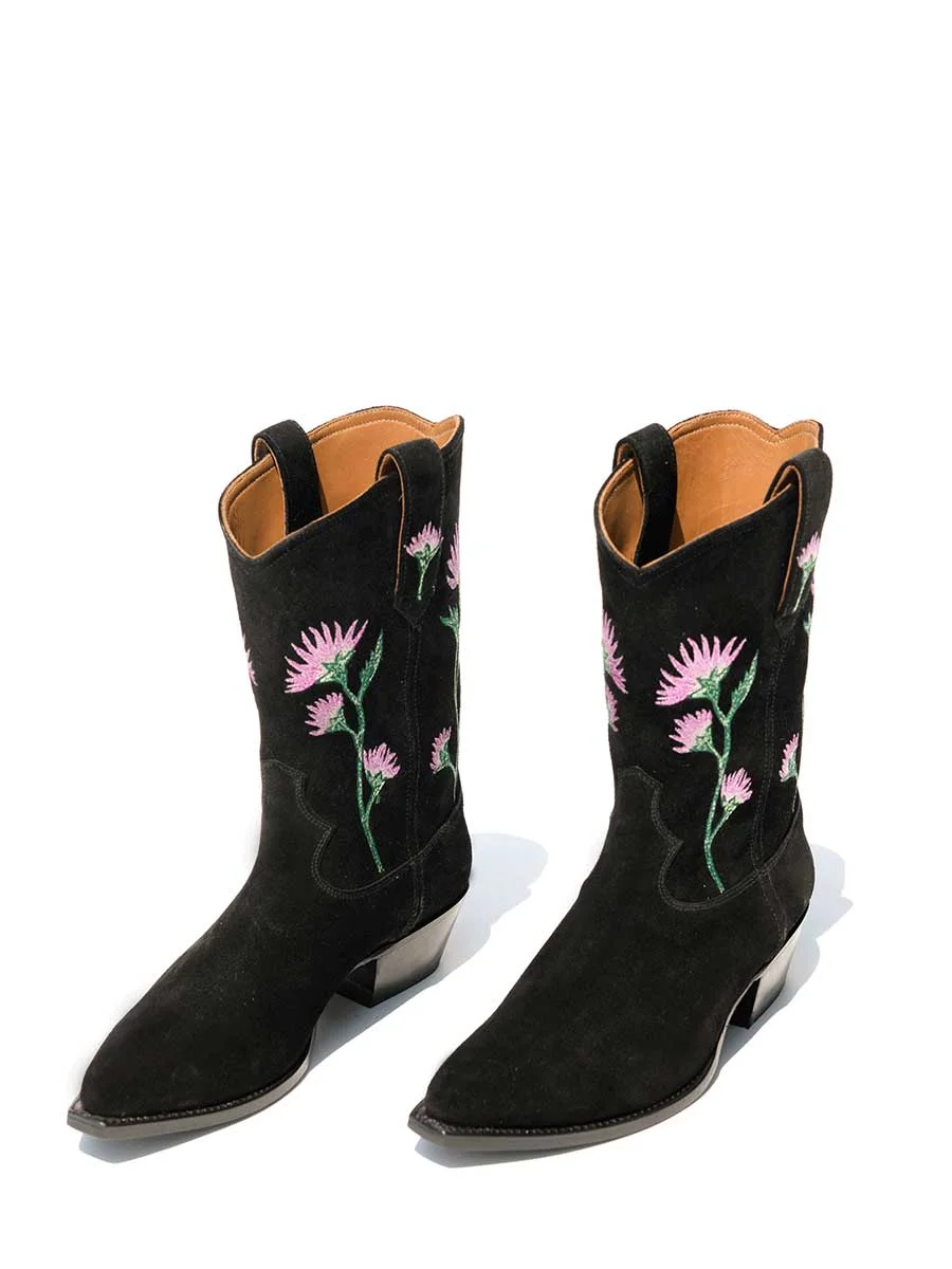 Black Faux Suede Colorful Floral Embroidered Heeled Mid-Calf Cowgirl Boots   Nicepairs