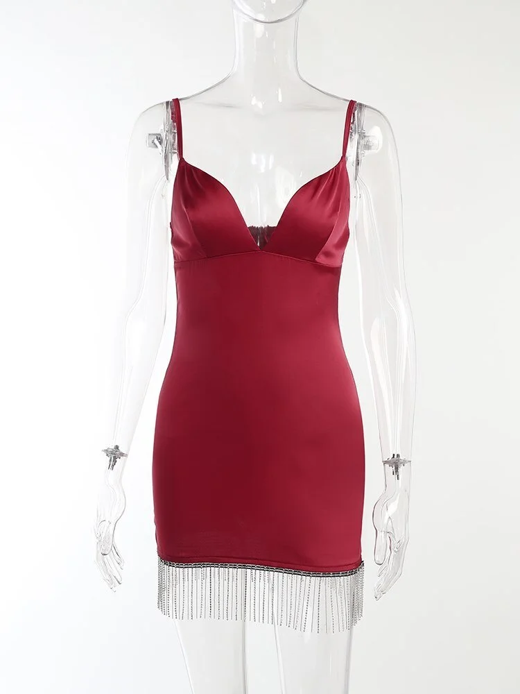 WannaThis Satin Women Tassel Cami Mini Dress Sleeveless Deep V Neck Summer Bodycon Sexy Fashion Party Nightclub Christmas Dress
