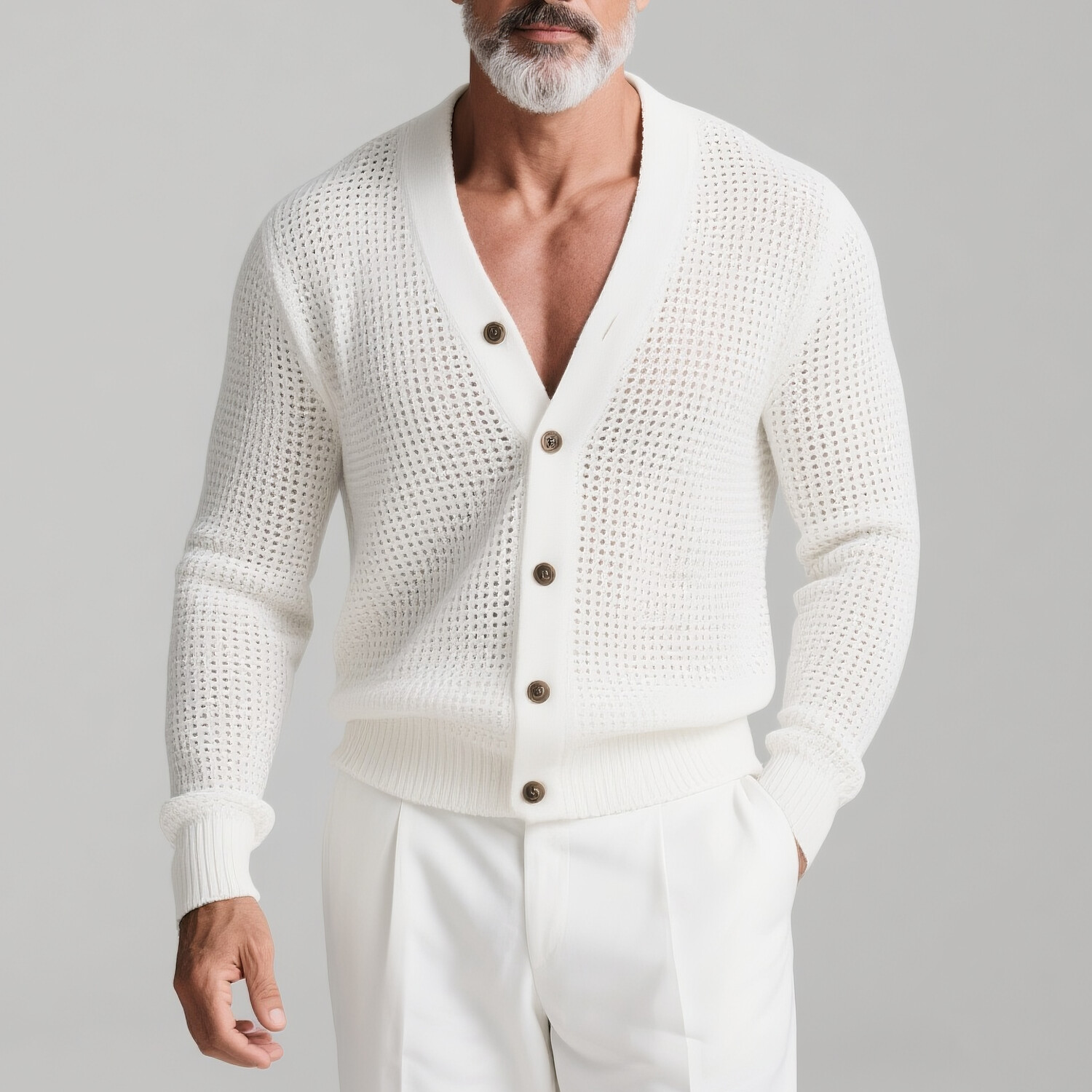 Men's Solid V Neck Single Breasted Long Sleeve Hollow Out Knit Cardigan