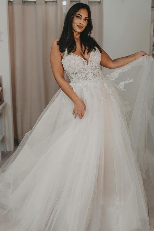 Glamorous A-line V-neck Long Wedding Dress With Tulle Open Back | Ballbellas Ballbellas