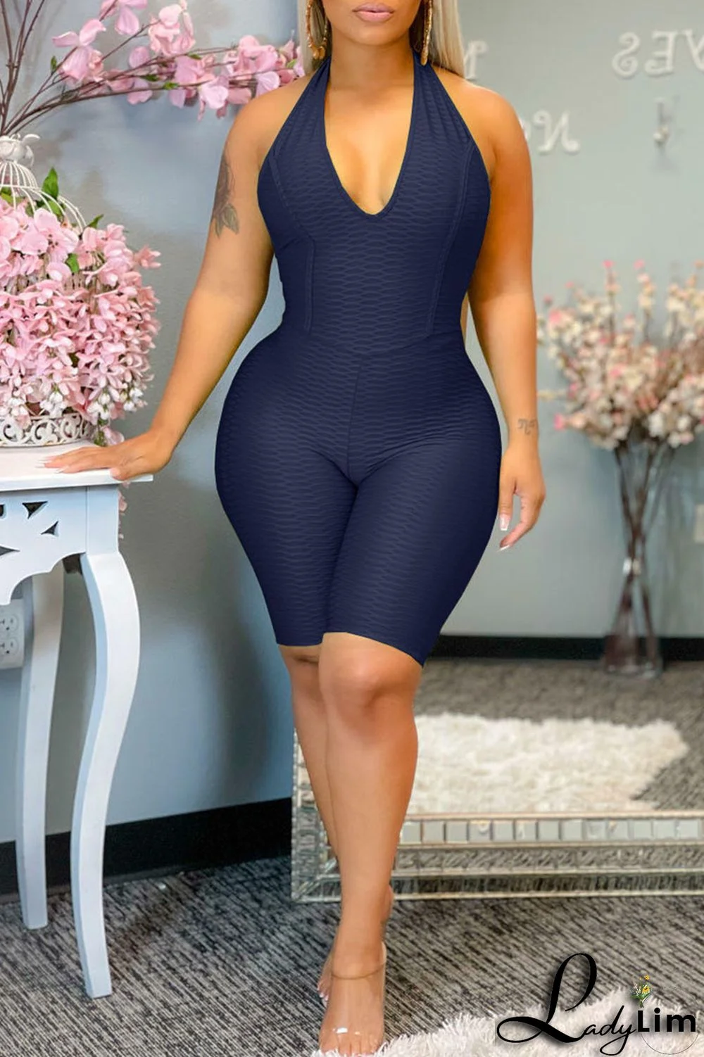 Tibetan Blue Sexy Solid Split Joint Backless Halter Regular Jumpsuits