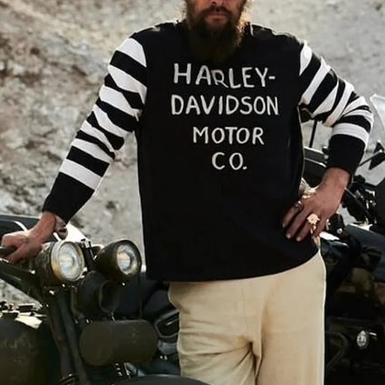 Vintage Motorcycle Stitching Black And White Striped Long-Sleeved T-Shirt