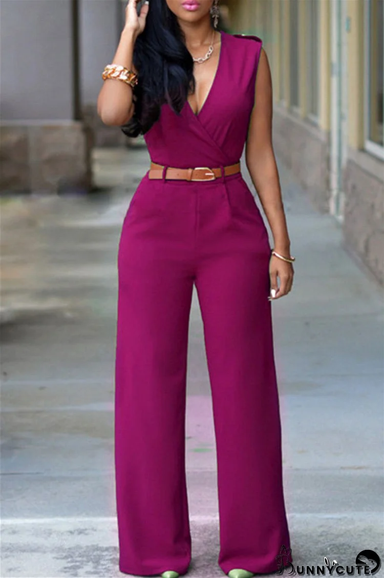 Rose Red Fashion Casual Solid Patchwork With Belt V Neck Regular Jumpsuits