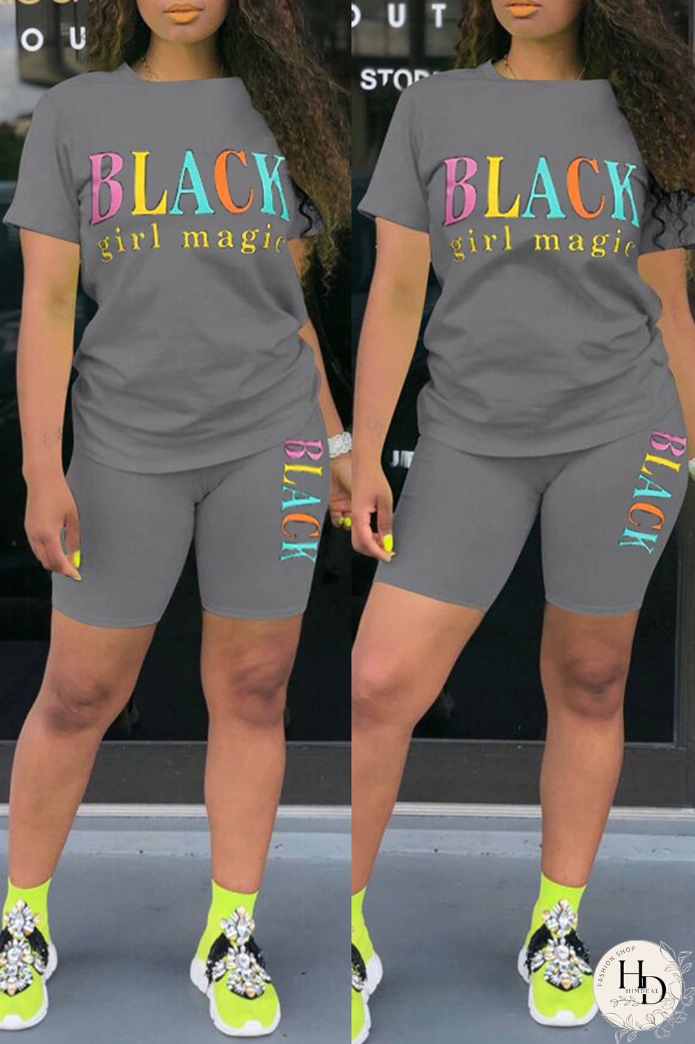 Black Fashion Casual Letter Print Basic O Neck Short Sleeve Two Pieces