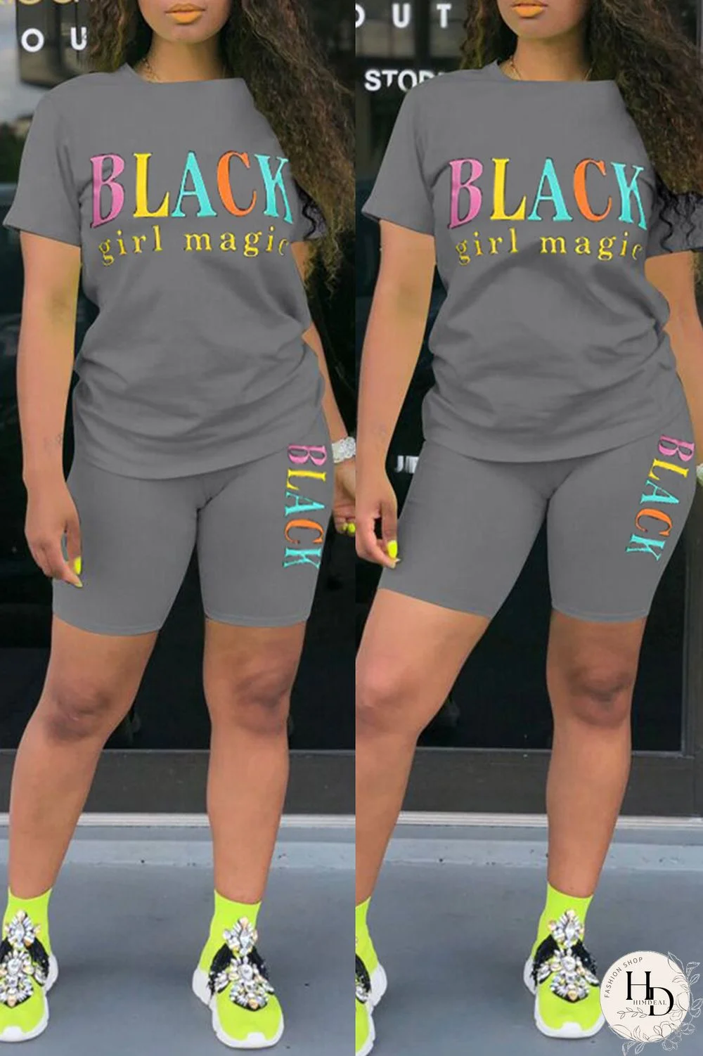 Black Fashion Casual Letter Print Basic O Neck Short Sleeve Two Pieces