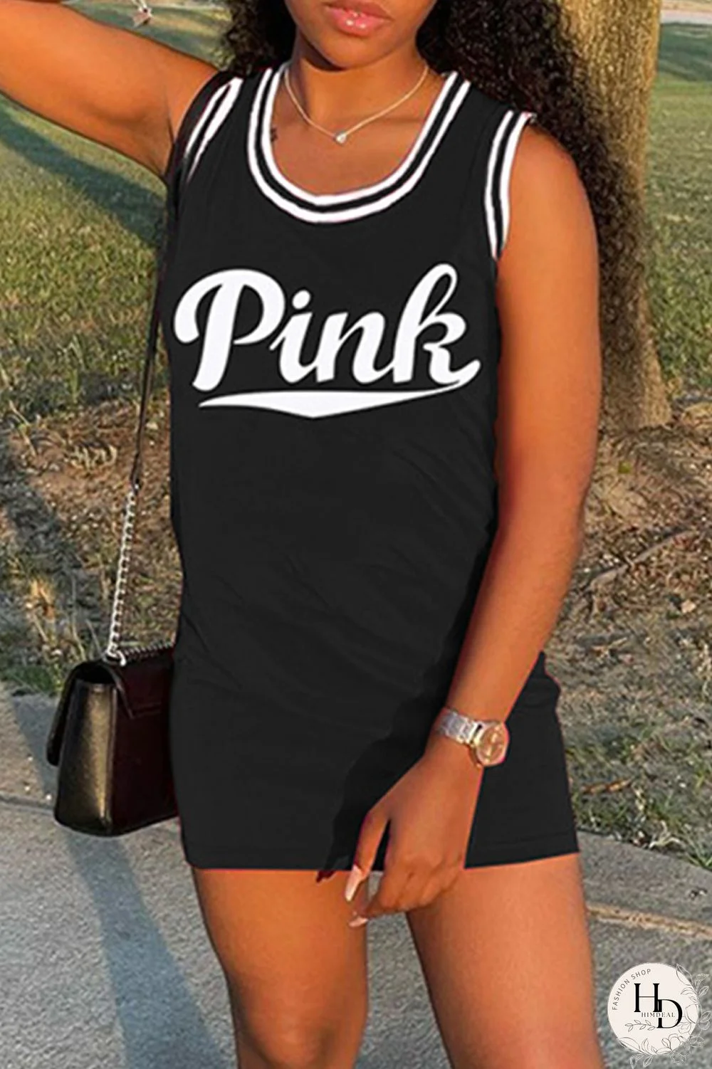 Blue Fashion Letter Print Basic O Neck Vest Dress