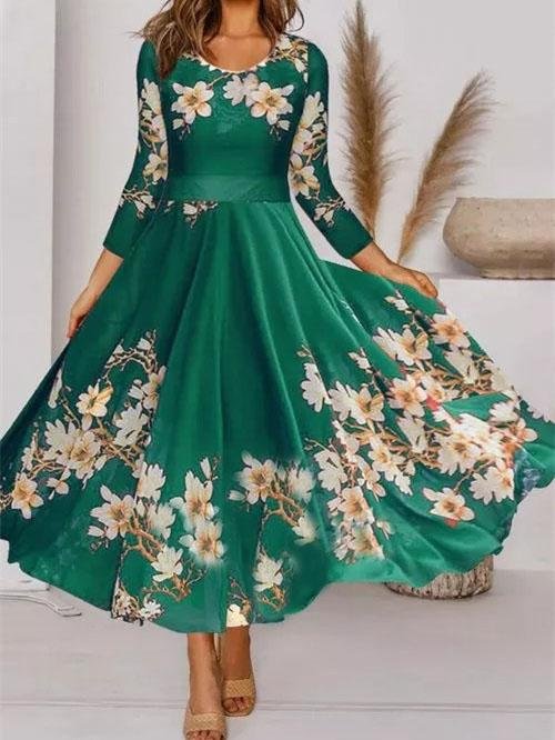 Women's Long Sleeve Scoop Neck Floral Printed Maxi Dress