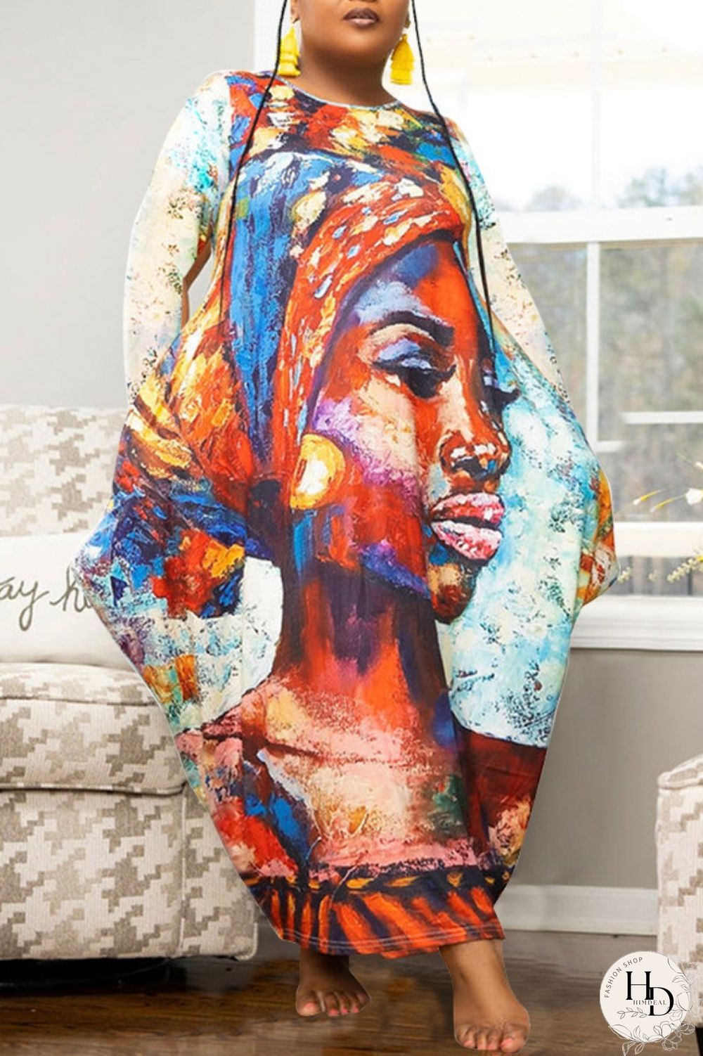 Multicolor Casual Print Basic O Neck Long Sleeve Plus Size Dresses