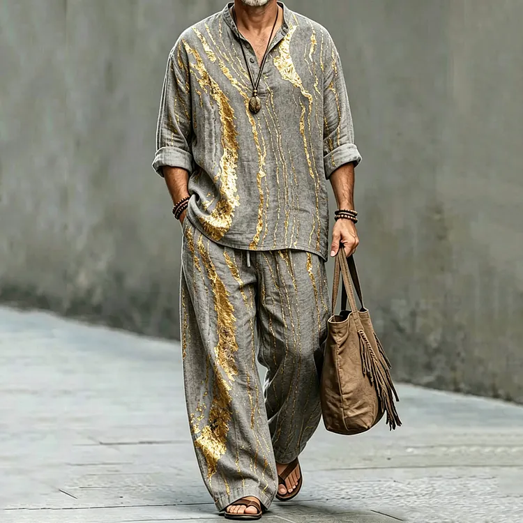 Men's Retro Abstract Art Print Shirt And Pants Two Piece Set