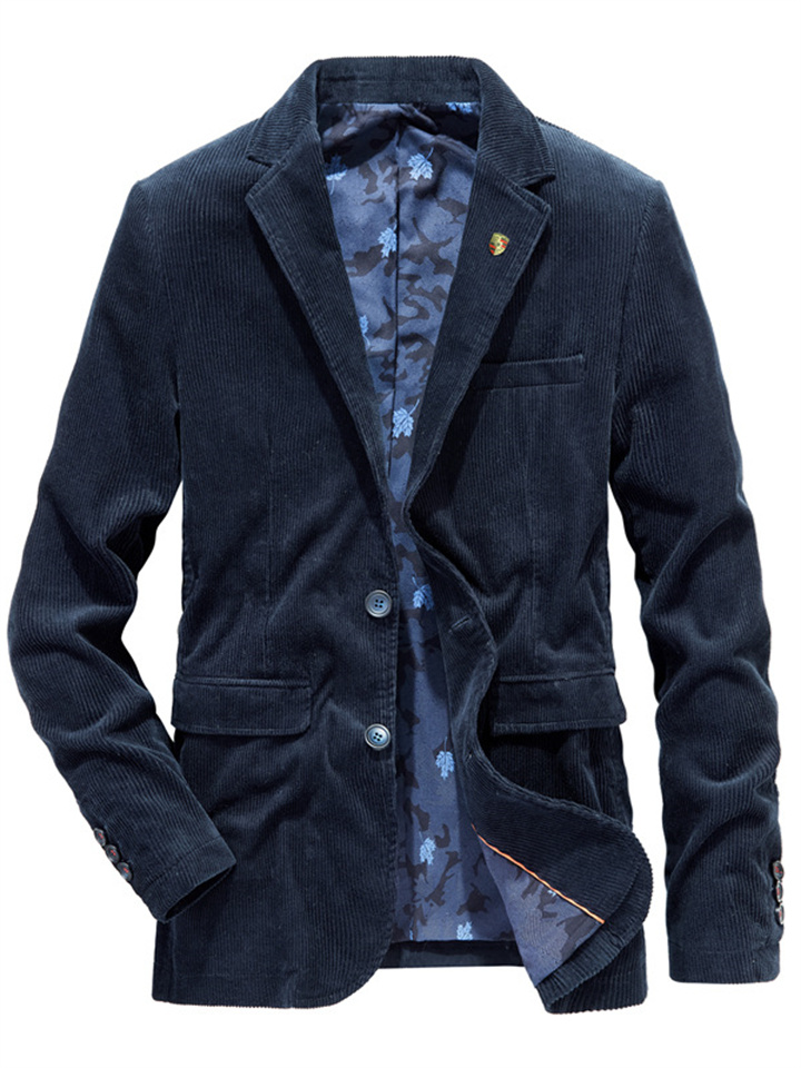 Men's Corduroy Jacket Blazer Sport Jacket Breathable Business Work Double Breasted Turndown Business Elegant Jacket Outerwear Solid Color Pocket Blue Khaki Coffee / Fall / Long Sleeve | 168DEAL