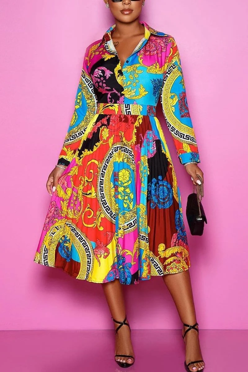 Fashion Elegant Multicolor Print Shirt Dress