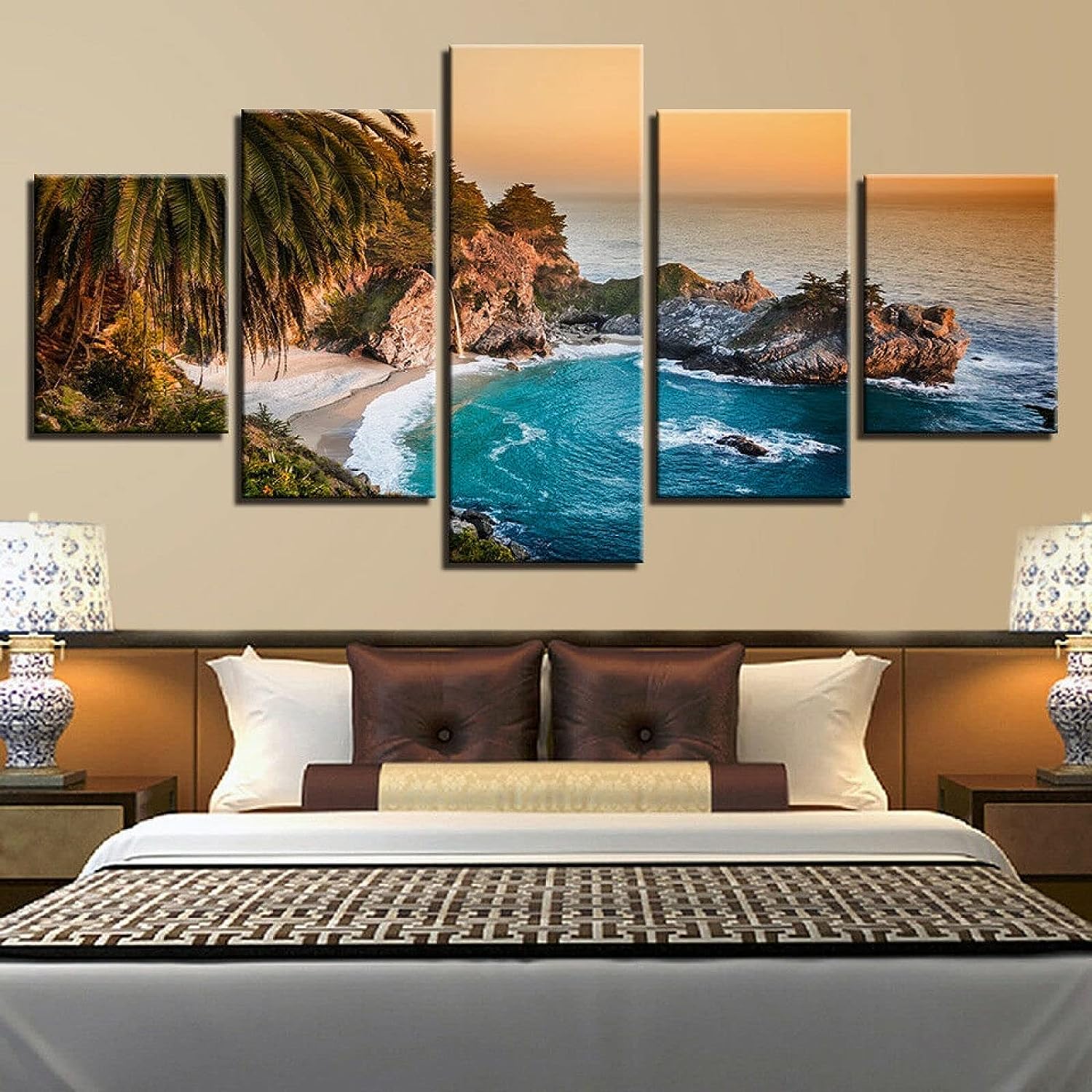 GUOGUAN Canvas Wall Art 5 Panels Sea Coast Rocks Tropical Island Beach Seashore Large 5 Piece Canvas Wall Art Prints On Canvas Artwork Framed Modern Home Decor for Living Room Dining Room Bedroom