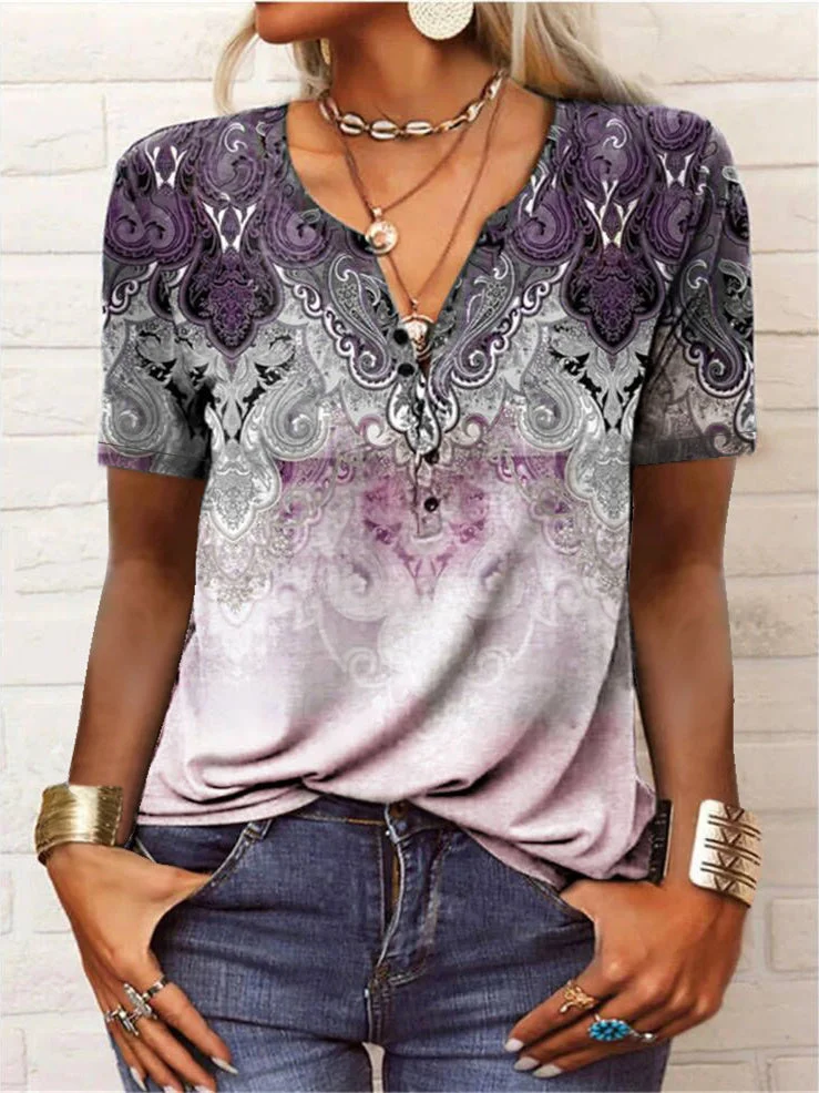 Women's Short Sleeve V-neck Graphic Printed Top