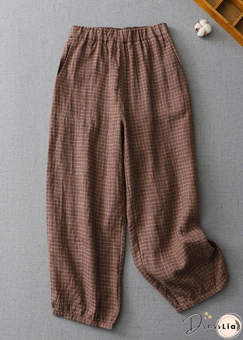 Plus Size Plaid Pockets Elastic Waist Linen Crop Pants Summer