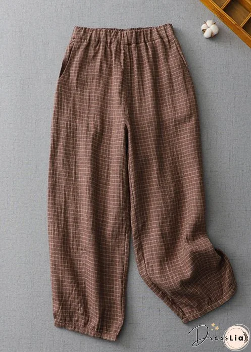 Plus Size Plaid Pockets Elastic Waist Linen Crop Pants Summer