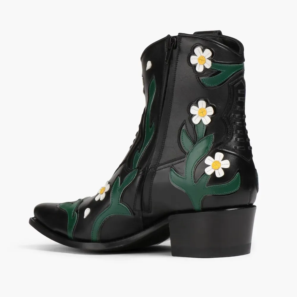 Snip Toe Block Heel Floral Short Black Cowgirl Boots for Women