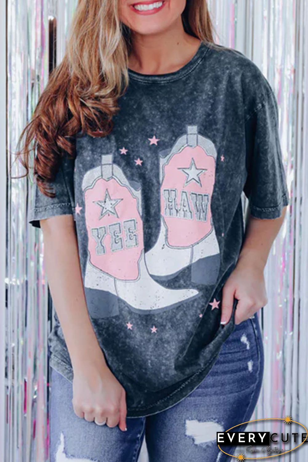 Black YEE HAW Boots Graphic Acid Wash Short Sleeve Top
