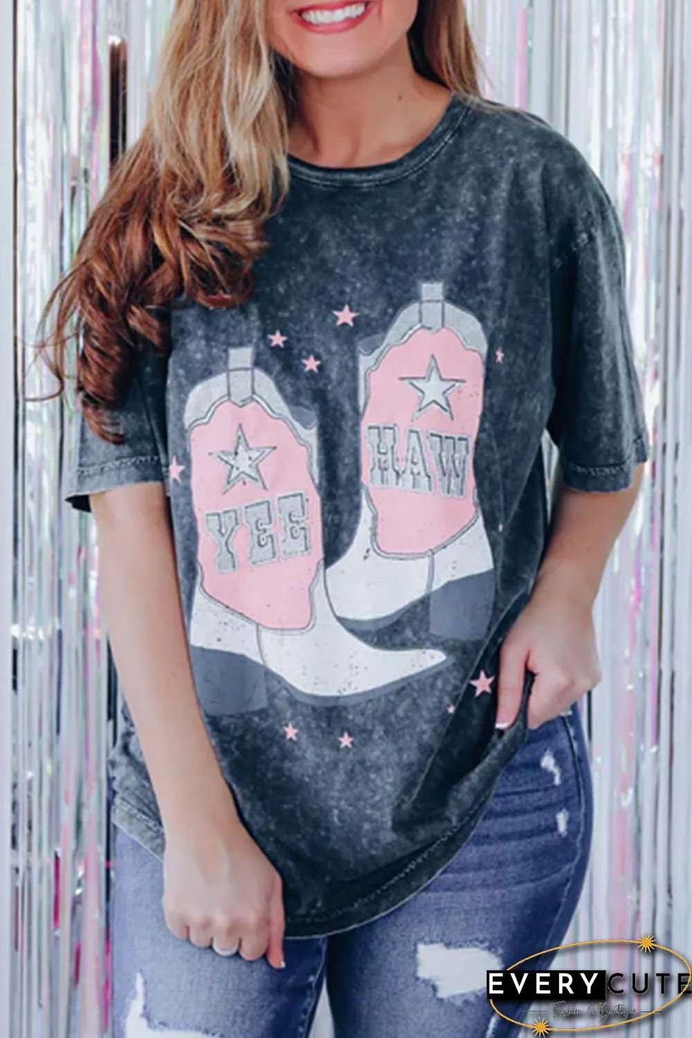 Black YEE HAW Boots Graphic Acid Wash Short Sleeve Top