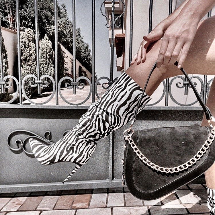 Black and White Zebra Print Pointed Toe Mid-Calf Boots for Women Nicepairs