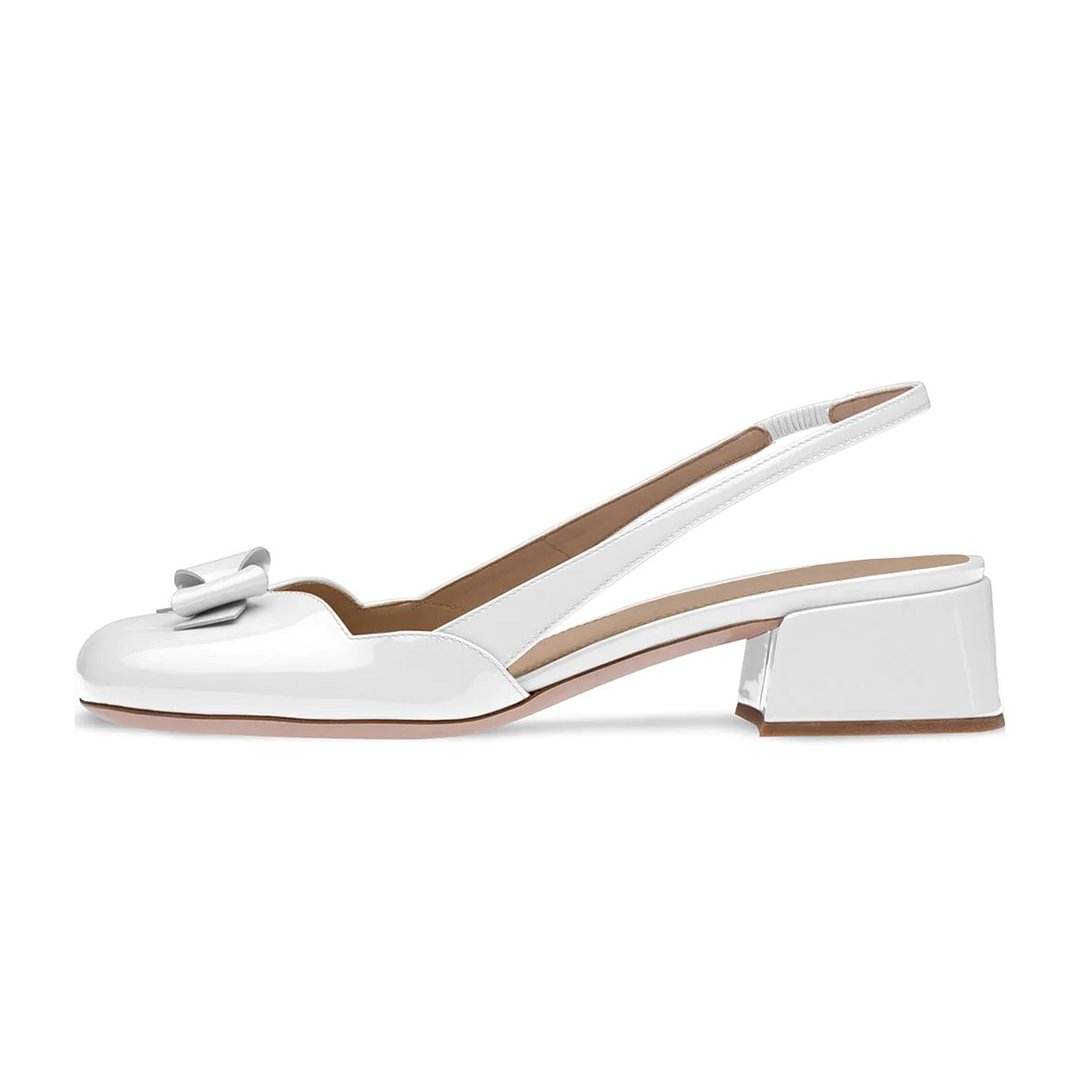 Women's White Square Toe Slip on Slingback Low Heel Pumps with a Bow