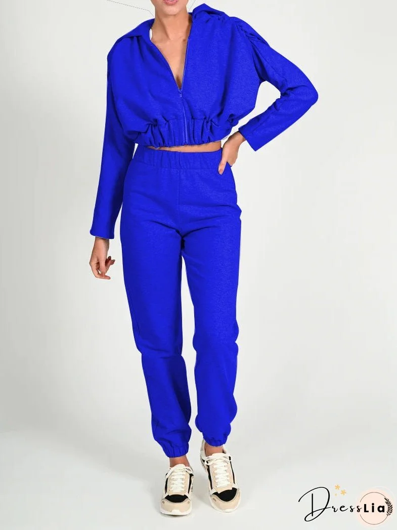 Sets Zip Elastic Waist Crop Top & Trousers Two Piece Set for Women