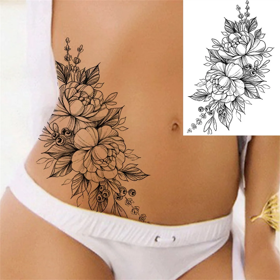 Large 3D Rose Flower Temporary Tattoos For Women Men Adults Death Skull Tattoo Sticker Peony Dahlia Black Fake Tatoos Forearm