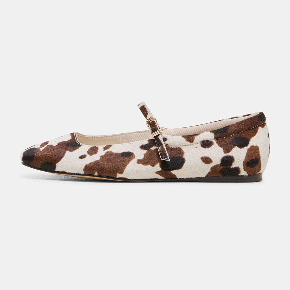 YDN Brown & White Square Toe Cow Print Flats with Buckle Strap