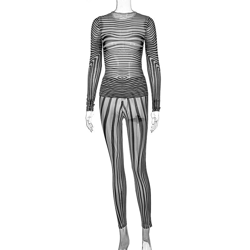 Dulzura 2021 Autumn Winter Women Stripe Zebra Print Mesh 2 Pieces Long Sleeve Top Leggings Set Skinny See Through Sheer Outfit