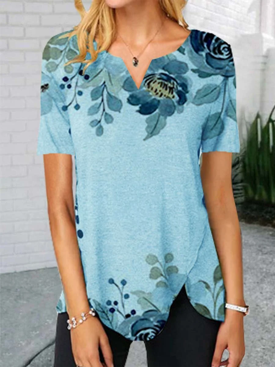 Floral  Short Sleeve Printed  Cotton-blend  V neck  Casual Summer  Blue Top