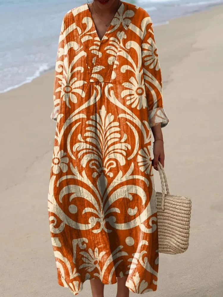 Womens Elegant Decorative Floral Two-Tone Print Casual Dress