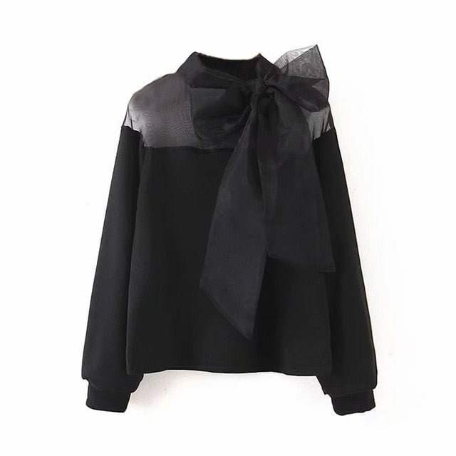 Women Elegant Organza Patchwork Sweatshirt 2019 Fashion Bow Tie Collar Black Pullover Hoodie Stylish Long Sleeve Casual Tops