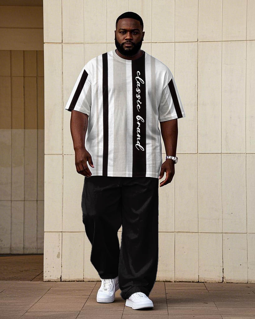 Men's Plus Size Slim Striped Letter Printed Short-sleeved T-shirt Trousers Suit