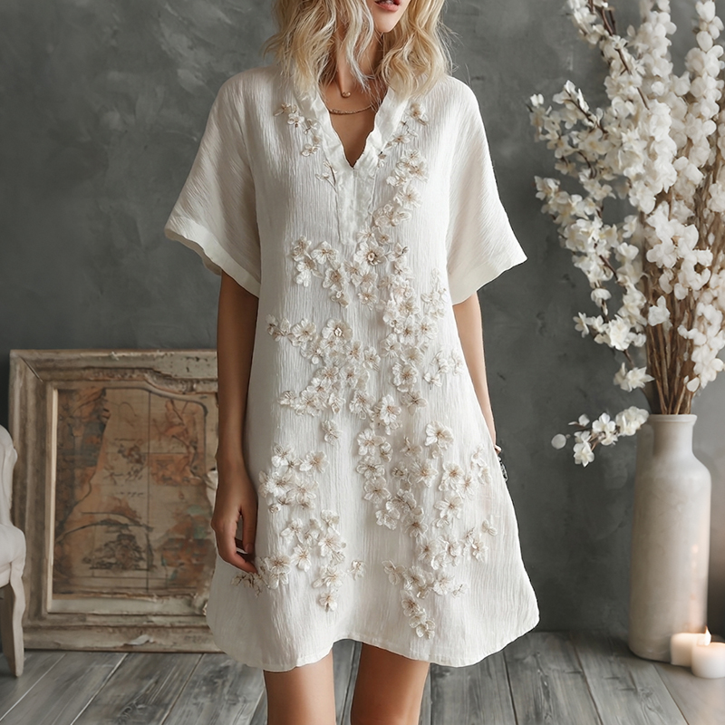 Women's Exquisitely Embroidered Floral Print V-neck Dress elevenforest