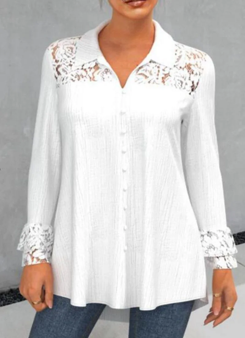 Elegant Hollow Lace Panel Long Sleeve Shirt