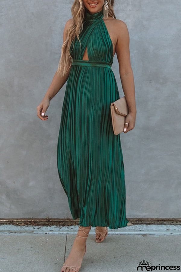KOLLINS PLEATED HALTER MIDI DRESS - HUNTER GREEN